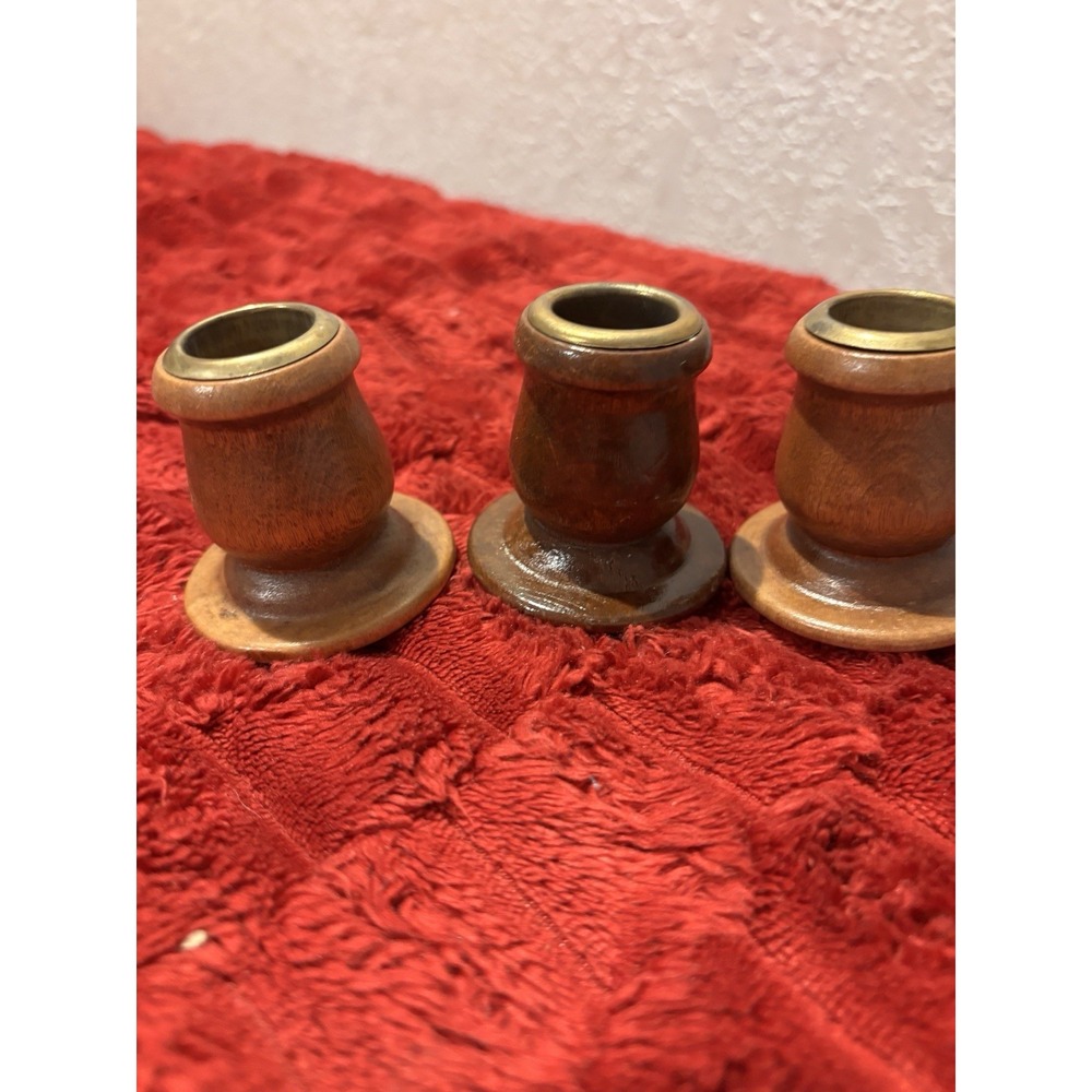 VTG Hand Turned Wood Taper Holder Brass Topped 3x2 Felt Bottom Boho Cabincore